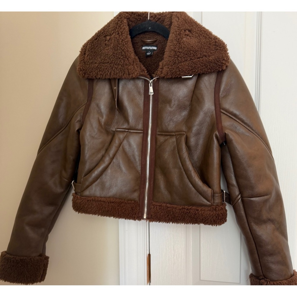 PrettyLittleThing Brown Faux Leather Cropped Aviator Jacket Faux Fur Trim Small